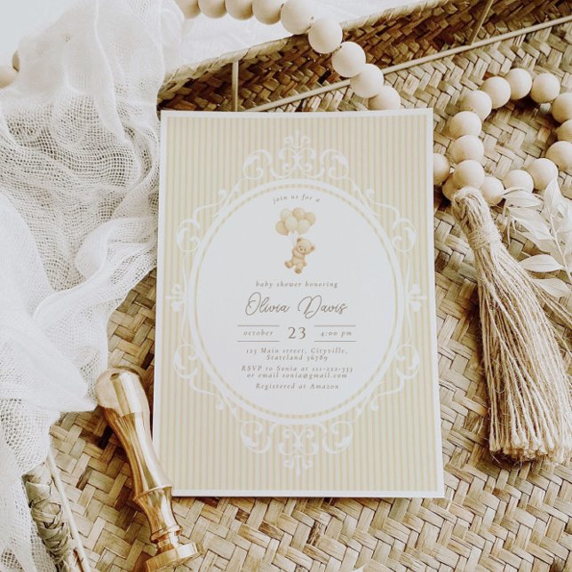 Invitación Beige Balloons Teddy Bear Vintage Baby Shower (Subido por el creador)