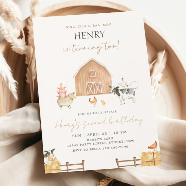 Invitación Beige Barn 2nd Birthday Farm Animals Party (Subido por el creador)
