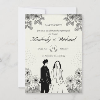 Invitación Beige Black Simple Illustation Wedding Invitation