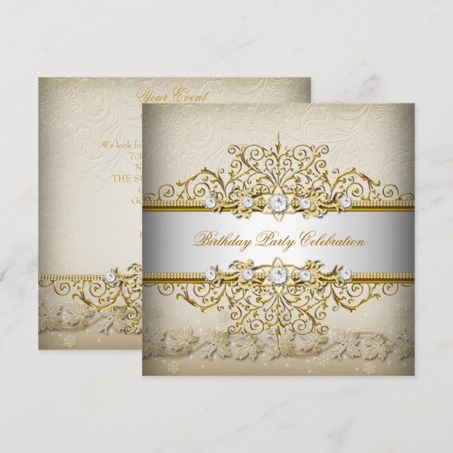 Invitación Beige Blanco Oro Crema Fiesta Elegante (Anverso / Reverso)