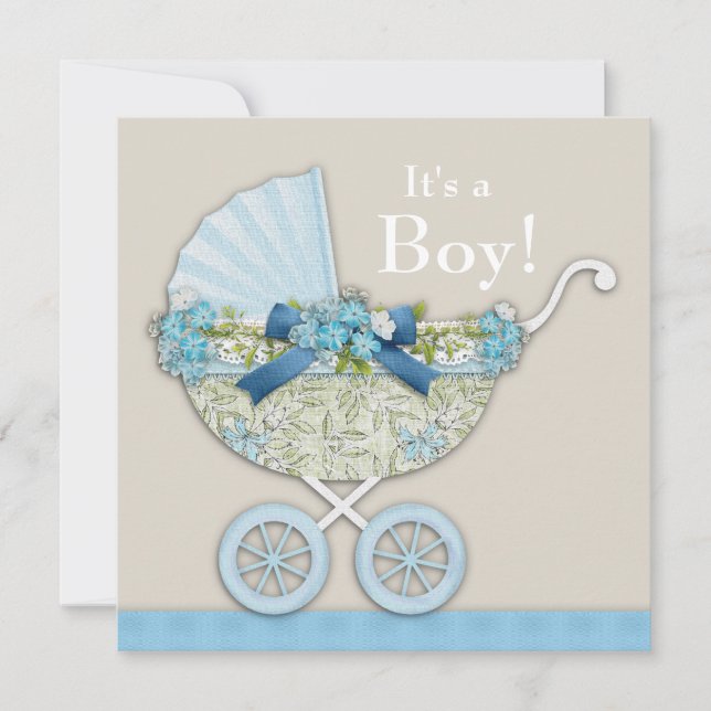 Invitación Beige Blue Baby Carriage Boy Shower (Anverso)