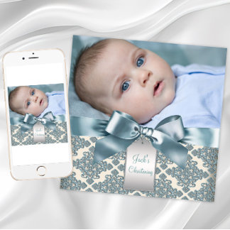 Invitación Beige Blue Damask Baby Boy Foto Christening