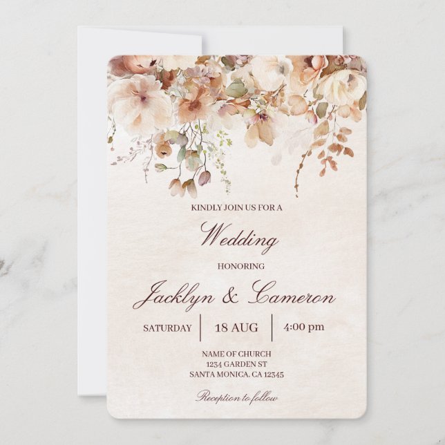 Invitación Beige, Boda floral de otoño (Anverso)