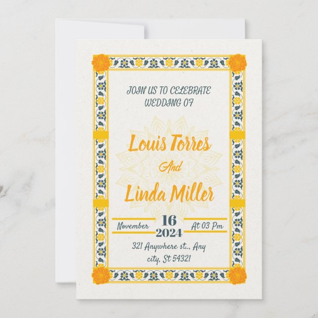 Invitación beige Boda moderno, flores amarillas (Anverso)