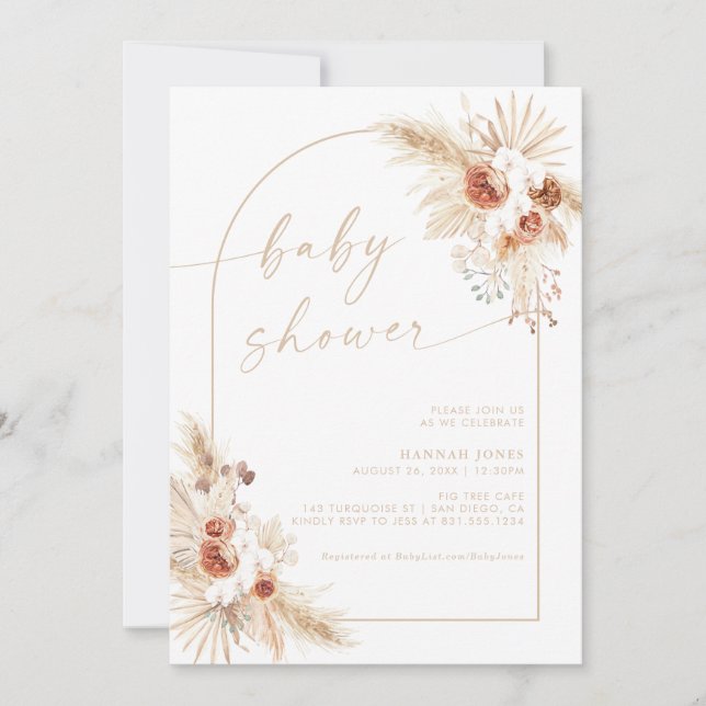 Invitación Beige Boho Baby Shower Pampas Grass (Anverso)