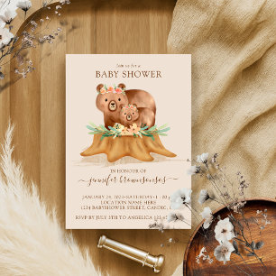 Invitación Beige Boho Bear Mommy Baby Shower