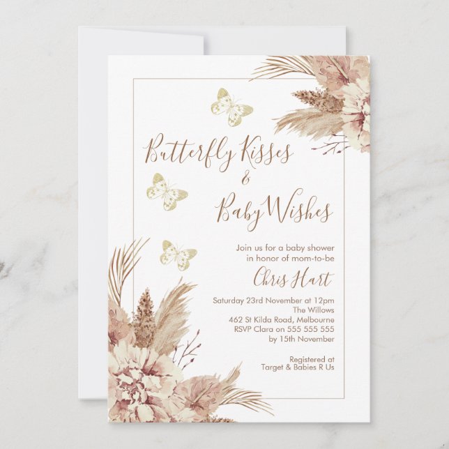 Invitación Beige Boho Floral Butterfly besa Baby Shower (Anverso)