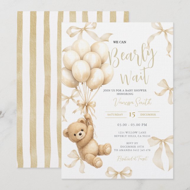Invitación Beige Boho We Can Bearly Wait Baby Shower (Anverso / Reverso)