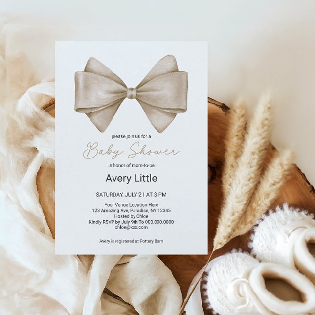 Invitación Beige Bow Modern Boho Baby Shower (Subido por el creador)