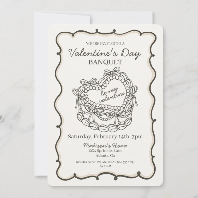 Invitación Beige Bow Retro Heart Coquette Cake Valentine (Anverso)