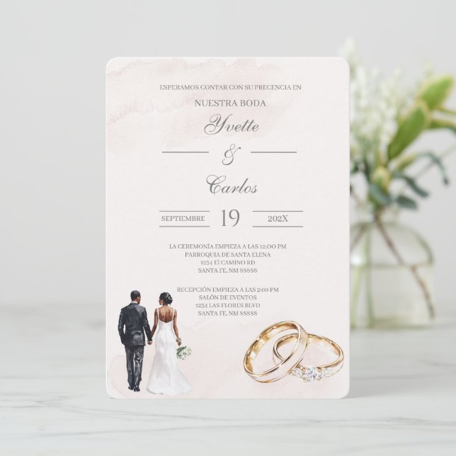Invitación Beige bride and groom with ring Spanish Wedding (Anverso de pie)