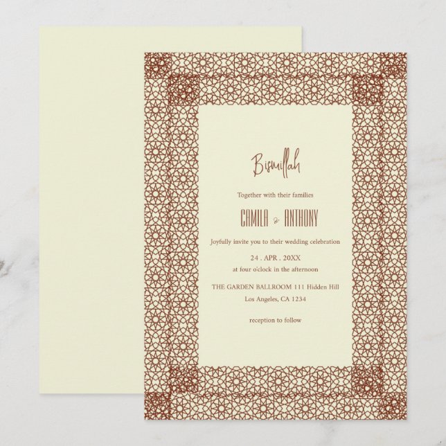 Invitación Beige Brown Boda Geométrico Islámico de Dos Bordes (Anverso / Reverso)