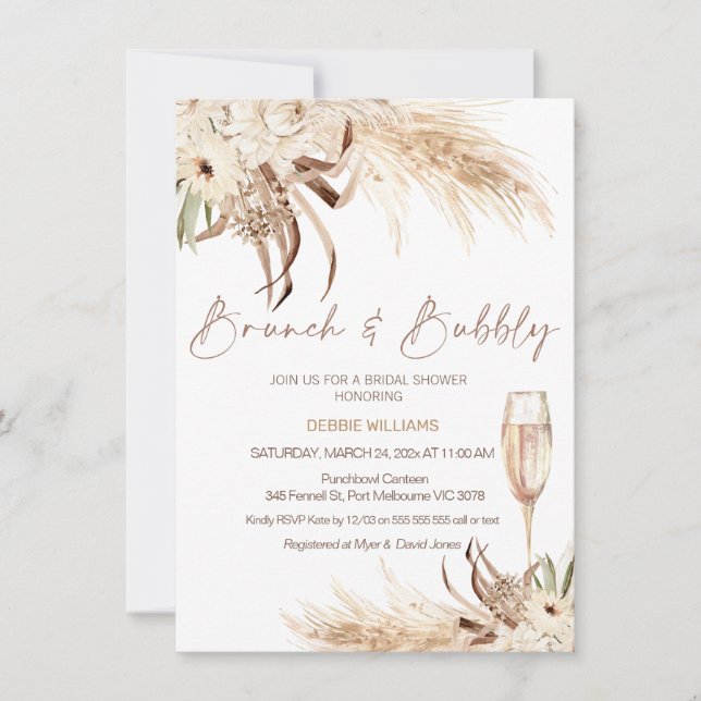 Invitación Beige Brown Boho Brunch Bubbly Bridal Shower (Anverso)