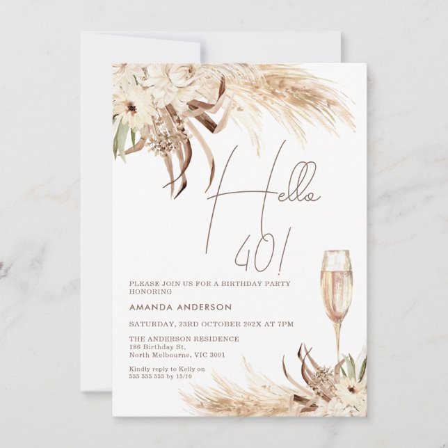 Invitación Beige Brown Boho Vidrio Floral Hola 40 Cumpleaños (Anverso)