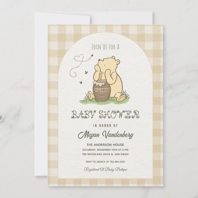 Invitación Beige Brown Checked Teddy Bear Baby Shower (Anverso)