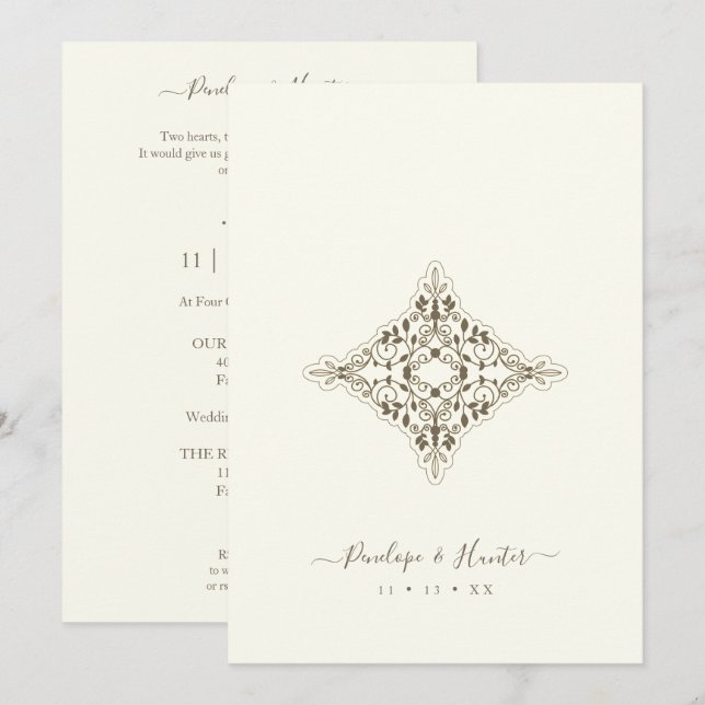 Invitación Beige Brown Chic Lace Romantic Couple Wedding (Anverso / Reverso)