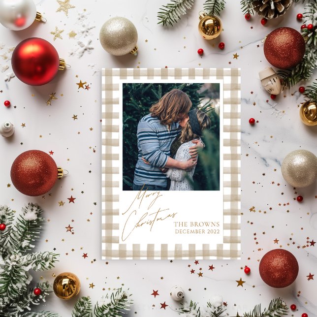 Invitación Beige Buffalo Plaid with Photo Christmas Card (Subido por el creador)