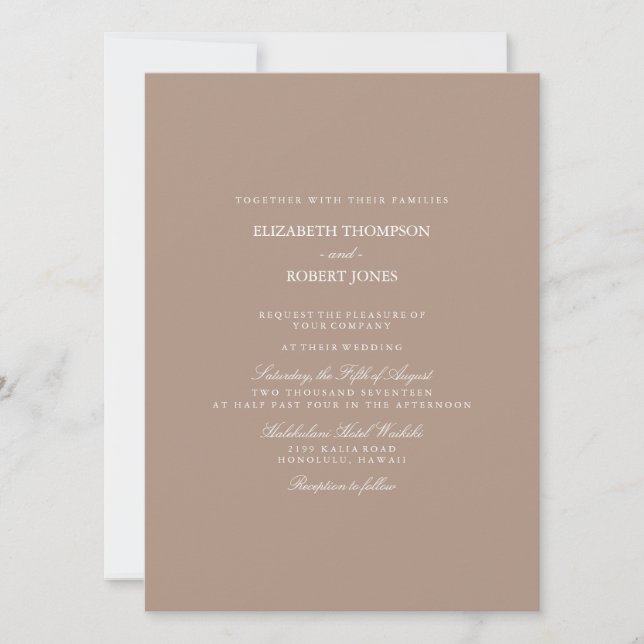 Invitación Beige cálido con detalles de Boda blanco (Anverso)