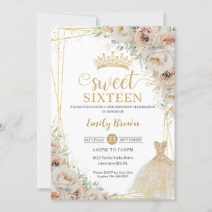 Invitación Beige Champagne Cream Gold Floral Sweet Dieciséis