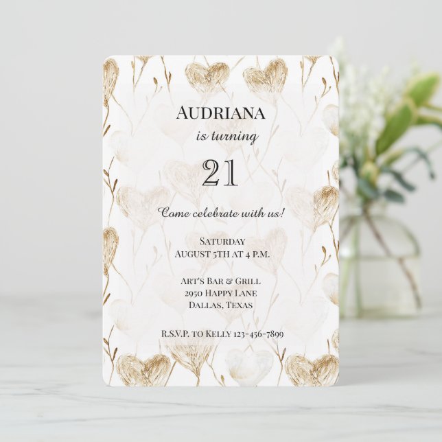 Invitación Beige Crema Marrón Blanco Corazones Boho Cumpleaño (Anverso de pie)