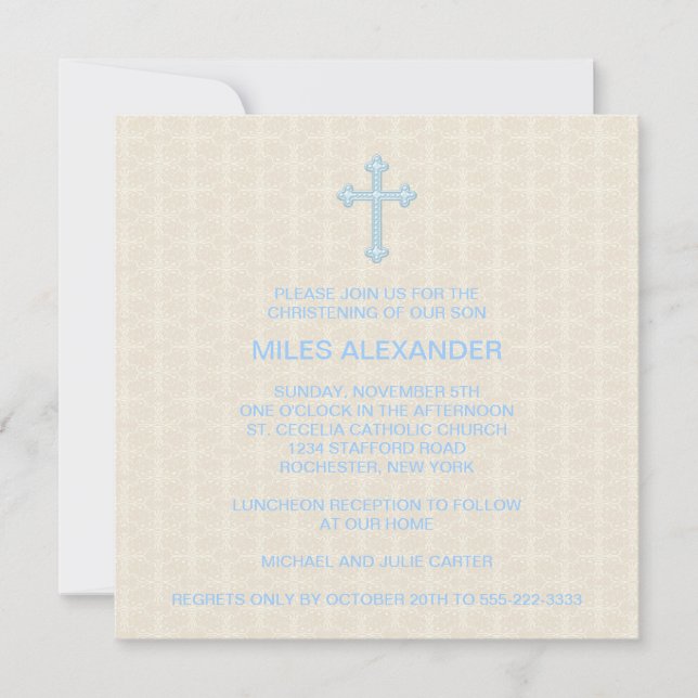 Invitación Beige Damask Cross Blue Boy Christening (Anverso)