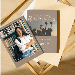 Invitación Beige de estilo   Casa abierta de dos graduaciones