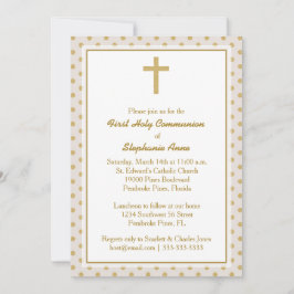 Invitación Beige de la comunión con puntos de polka de oro