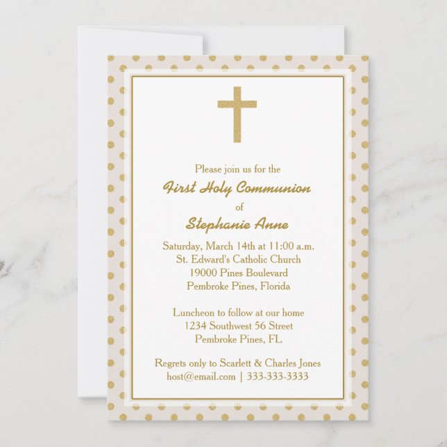 Invitación Beige de la comunión con puntos de polka de oro (Anverso)