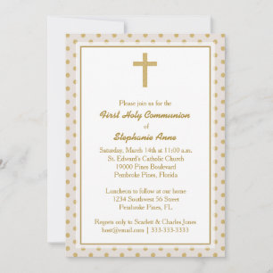 Invitación Beige de la comunión con puntos de polka de oro