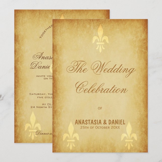 Invitación Beige de oro de lujo estilo francés fleur de lis (Anverso / Reverso)