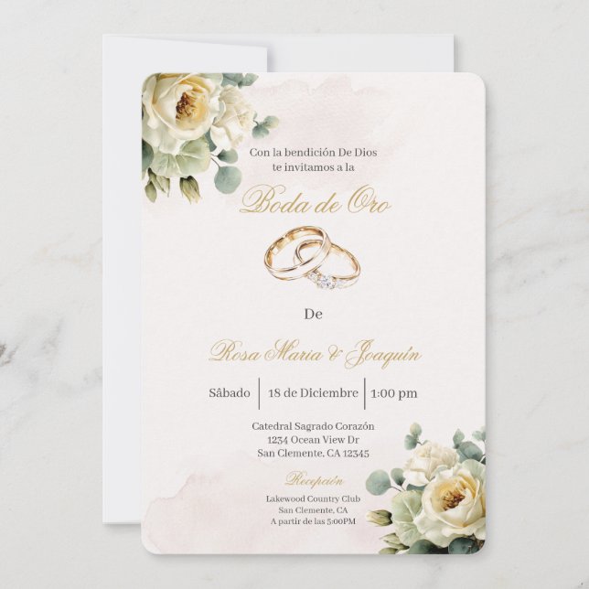 Invitación Beige flor blanca Boda de oro editable (Anverso)