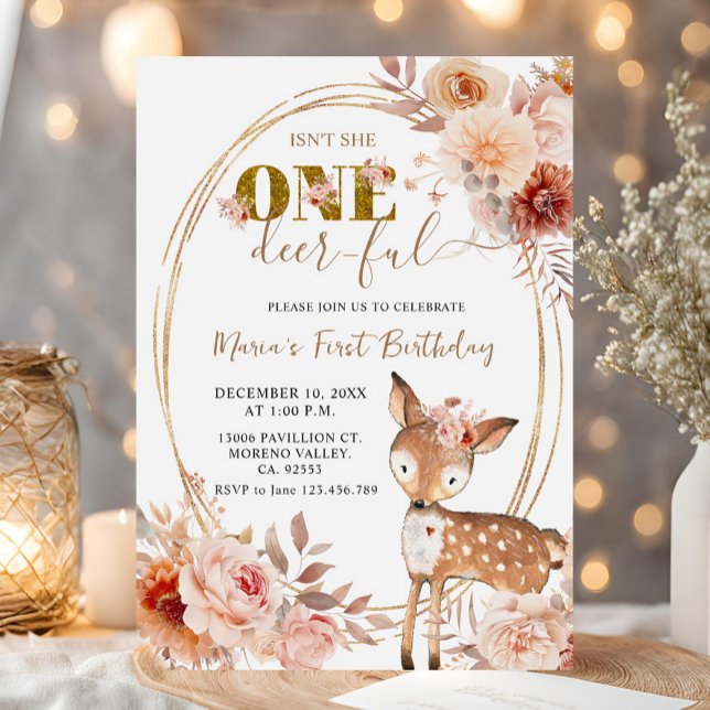 Invitación Beige Floral One Deer Ful Chica Primer Cumpleaños (Subido por el creador)