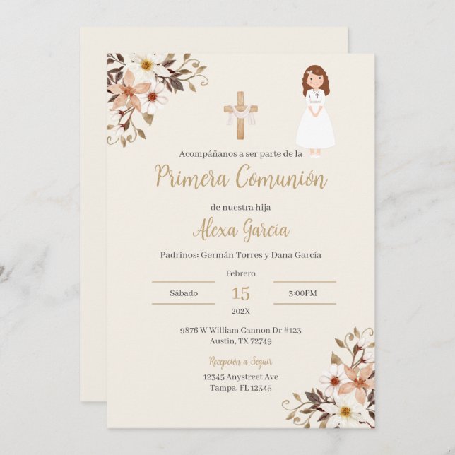 Invitación beige floral para Primera Comunión (Anverso / Reverso)
