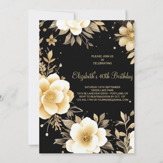 Invitación Beige floral y Boho negro 40 cumpleaños (Anverso)