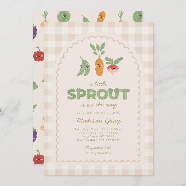 Invitación Beige Gingham Little Sprout en el camino a Baby Sh (Anverso / Reverso)