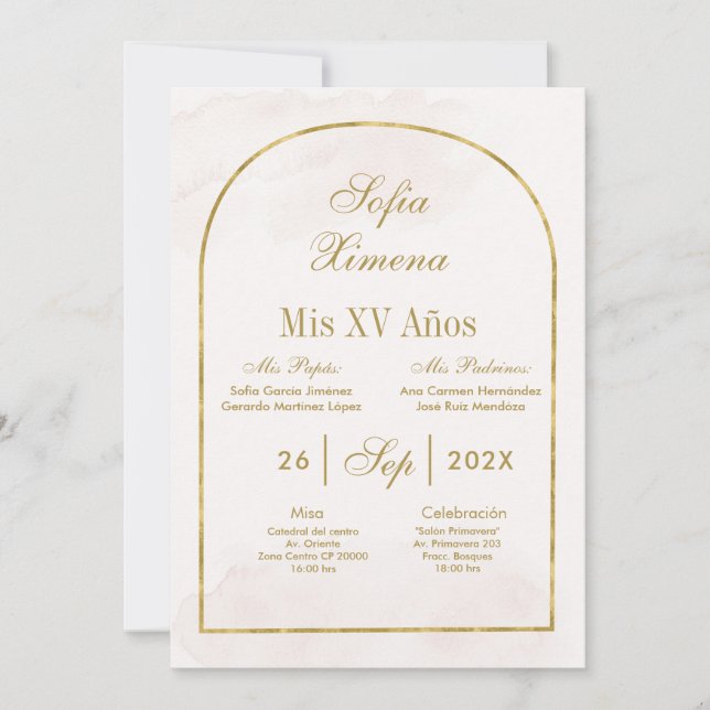 Invitación Beige Gold Arch Quinceañera (Anverso)