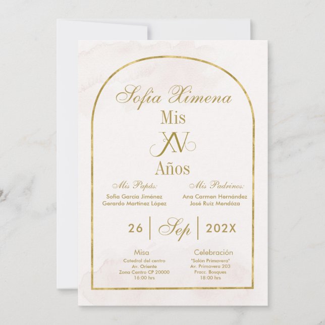 Invitación Beige Gold Arch Quinceañera (Anverso)