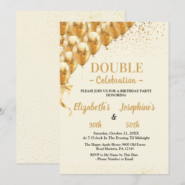 Invitación Beige Gold Balloons purpurina de cumpleaños doble  (Anverso / Reverso)