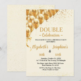 Invitación Beige Gold Balloons purpurina de cumpleaños doble 