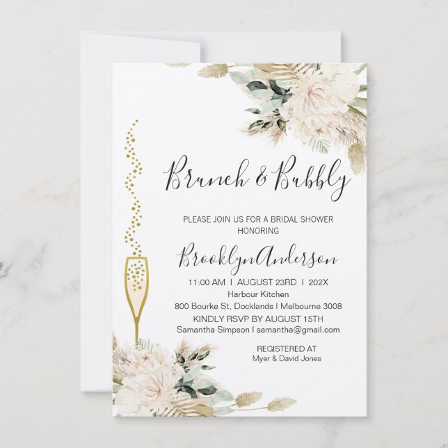 Invitación Beige Green Boho Brunch Champagne Bridal Shower (Anverso)