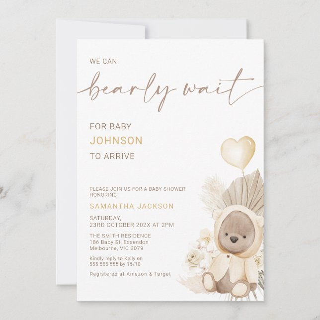 Invitación Beige Heart Balloon Bearly Wait Baby Shower (Anverso)
