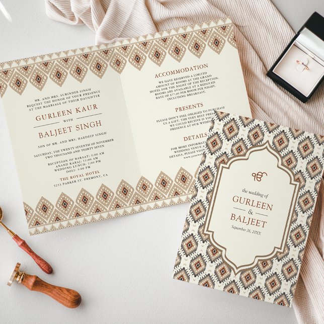 Invitación Beige Ikat All in One Anand Karaj Sikh Boda (Subido por el creador)