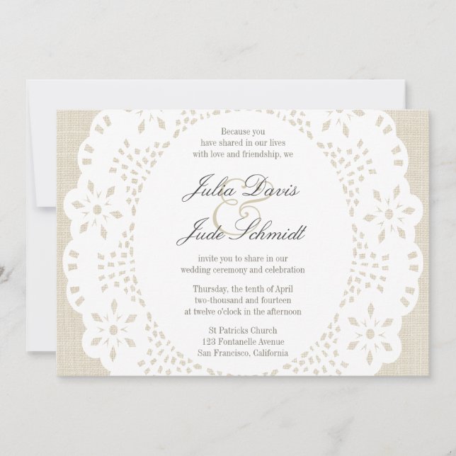 Invitación Beige Linen & Lace Doilie :Invitación (Anverso)