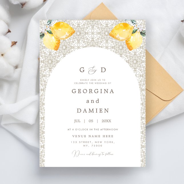 Invitación Beige Mediterráneo Tile Lemons y Boda fotográfico (Subido por el creador)