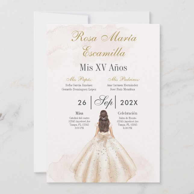 Invitación Beige minimalista para Quinceañera (Anverso)