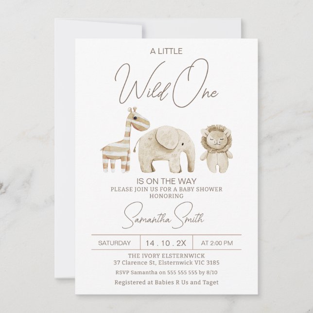 Invitación Beige Modern Wild One Safari Baby Shower (Anverso)