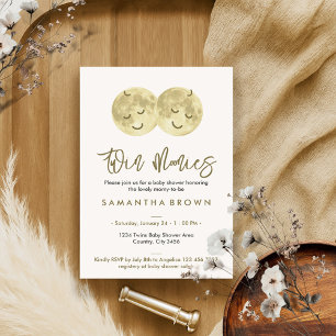 Invitación Beige Moon Twins Baby Shower