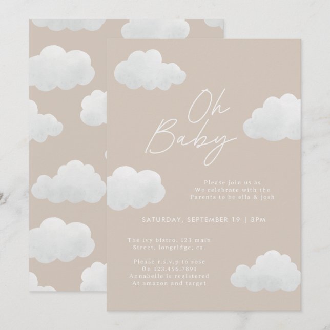 Invitación Beige natural Oh Baby Ducha moderno (Anverso / Reverso)
