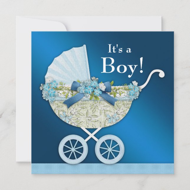 Invitación Beige Navy Blue Baby Carriage Boy Shower (Anverso)