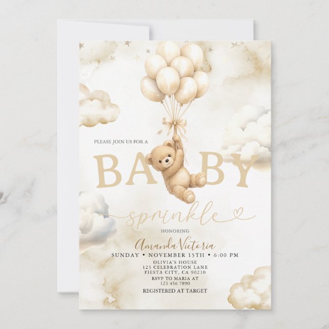 Invitación Beige Neutral Bear Cloud Balloon Baby Shower (Anverso)